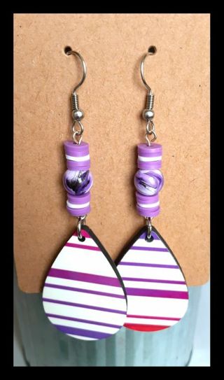 Purple Stripe Dangle Earrings With Heishi Beads