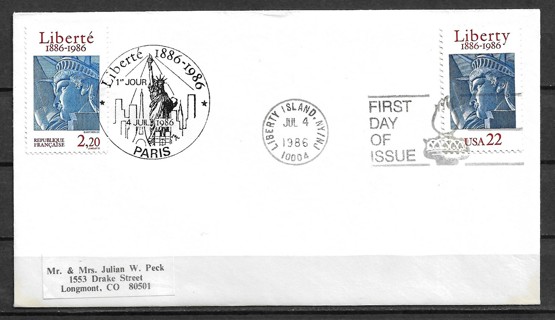 1986 USA Sc2224 & France Sc2014 Statue of Liberty 100th Anniv. FDC