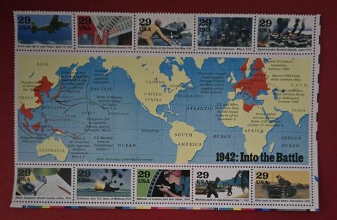 One Half Sheet of 10 Mint .29 Into The Battle 1942 US Postage Stamps