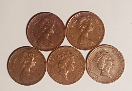 Lot 5 Coin UK penny 1971 1975 1977 1986 1989