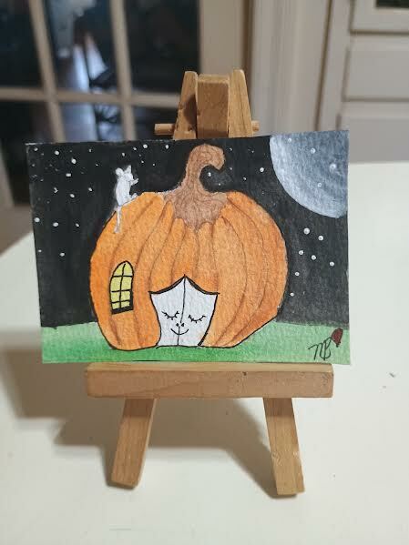 FREE: ACEO Original Watercolor Painting 2-1/2"X 3/1/2"Mouse Star Gazing on his house by Artist Marykay