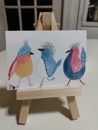 ACEO Original, Watercolor Painting 2-1/2"X 3/1/2"Whimsical Silly Birds by Artist Marykay Bond