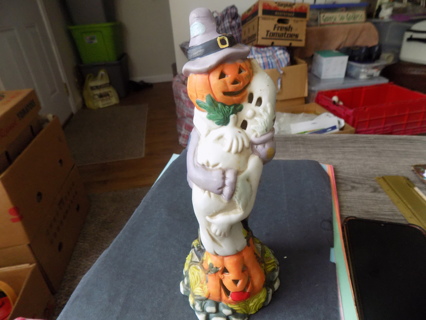 9 in tall porcelain Halloween totem tea light holder ghost on Jack a lantern scarecrow in witch hat