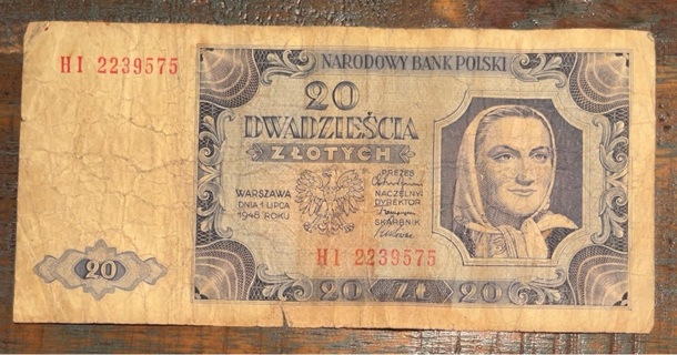 Vintage 1948 Polish 20 Zlotych Banknote 