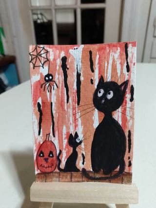 ACEO Original, Watercolor Painting 2-1/2"X 3/1/2" Holiday Black Cats Plus by Artist Marykay Bond