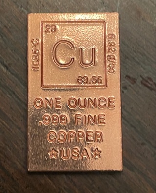 One Ounce .999 Fine Copper Bar USA Elemental 