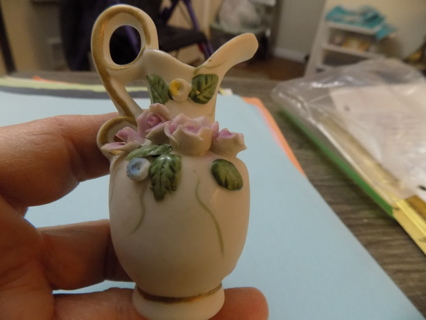 4 inch tall miniature pitcher fancy handle TIG purple roses