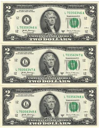 3 Beatiful Crisp $2 Dollar Bills in Sequence! Series 2017A New Lower Price! P11