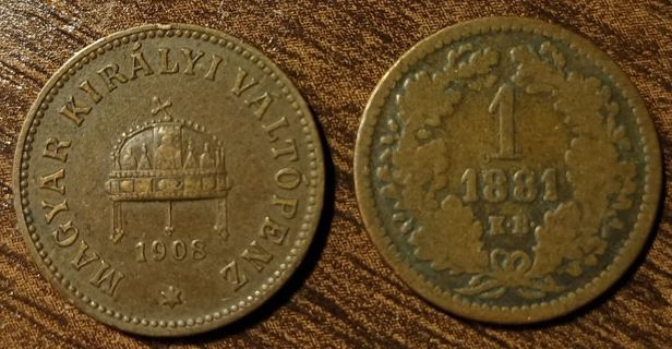 1881 & 1908 Hungarian Old Coins Full bold dates!