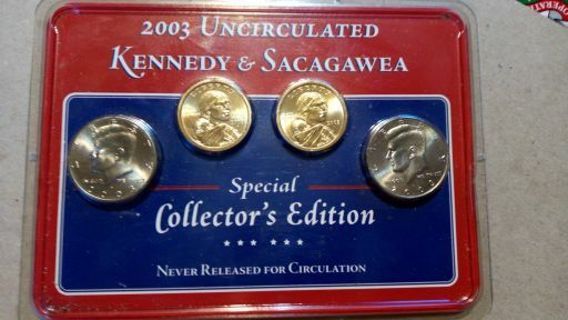 3003- UNCIRCULATED KENNEDY AND SACAGAWEA. P AND D MINTS. . IN CUSTOM CASE