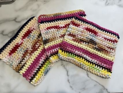 3 Handmade Washcloths Dishcloths Mixed Colors