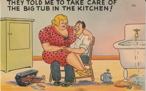 Vintage Used Postcard: Big Tub in the Kitchen