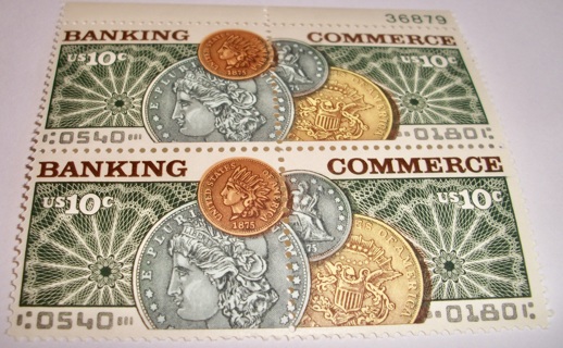 Scott #1577-78, Banking & Commerce, Pane of 4 Useable 10¢ US Postage Stamps Has original gum.