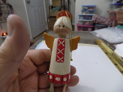 5 inch tall wooden grandma angel ornametn white hair red, & white gown dangle legs