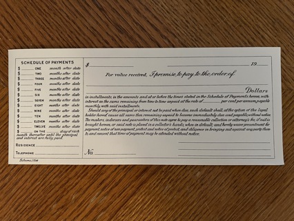 Installment Loan Agreement with Schedule of Payments from the early 1900s