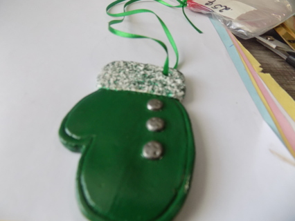 Hand made green mitten Christmas necklace 3 inch tall frosted cuff, 3 buttons