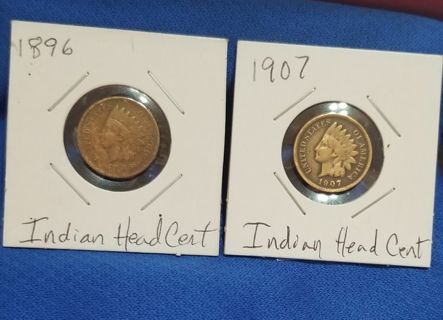 2 Indian Head Cents ☆1907 & 1896☆ antique US coin