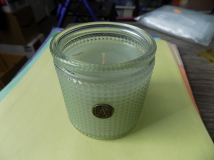 NEW never lit 3 inch tall Aromatic green scented candle in glass diamond pt holder