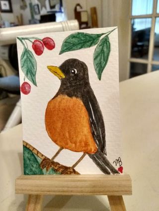 Original, Watercolor Painting 2-1/2"X 3/1/2" by American Robin Bird Artist Marykay Bond