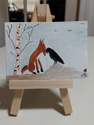 ACEO Original, Watercolor Painting 2-1/2"X 3/1/2" Fox & Crow Old Friends by Artist Marykay Bond