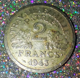 COIN FRANCE 2 FRANCS VERY RARE 1943 DURING WWII OWN A PIECE OF HISTORY FANTASTIC.