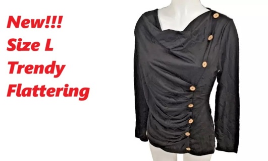 NEW - Gorgeous Black Button Semi Scrunch Tunic, Size L Shirt Blouse Top