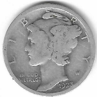 1923 Mercury Dime 90% Silver U.S. 10 Cent Coin