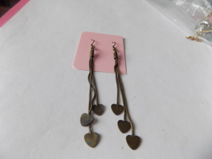 Earrings French Hook 4 inch dangle fine chains with brass hearts attached at different levels