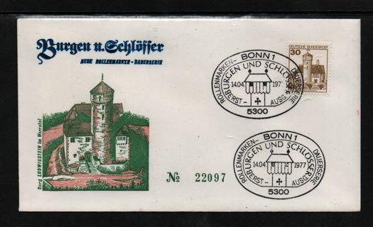 4 numbered FDCs - Series Castles and Palaces issued in 1977 incl. Castle Neuschwanstein