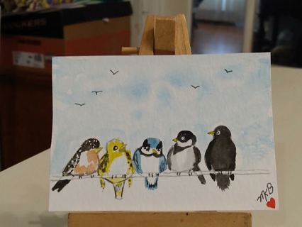 Original, Watercolor Painting 2-1/2 X 3-1/2 ACEO Telephone Pole Birds on wire by Artist Marykay Bond