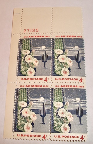 Scott #1192, 1912 Arizona 1962, Pane of 4 Useable 4¢ US Postage Stamps