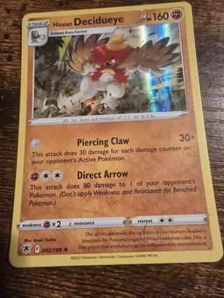 Pokemon Hisuian Decidueye holo rare card 082/189