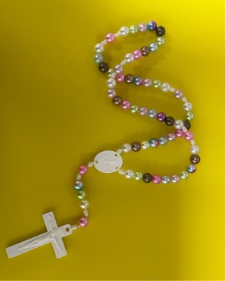 Hand knotted cord and faux pearl mission rosary