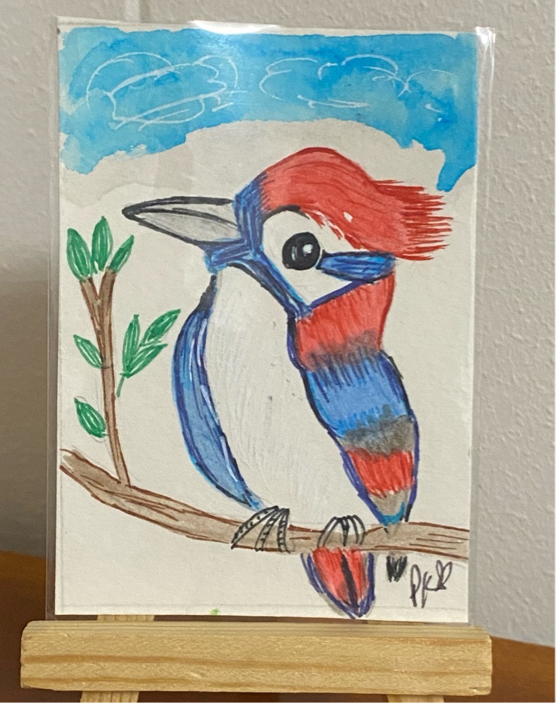 FREE: Original ACEO/ATC Red/Blue Bird Painting – Handmade – Approx. 2.5” × 3.5”