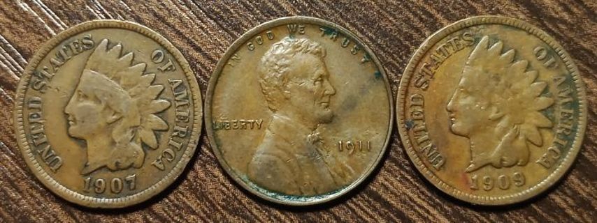 1907 1911 & 1909 US Indian Lincoln Cents Full bold dates!