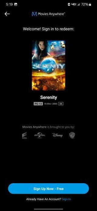 Serenity Digital 4K movie code MA/VUDU/iTunes