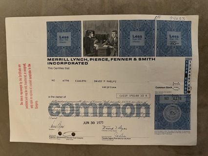 Merrill Lynch stock certificate 1971 stockbroker with quote machine