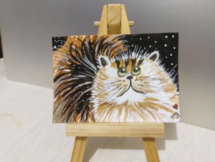 ACEO Original, Watercolor & Acrylic Whimsical Cat Painting 2-1/2"X 3/1/2" by Artist Marykay Bond