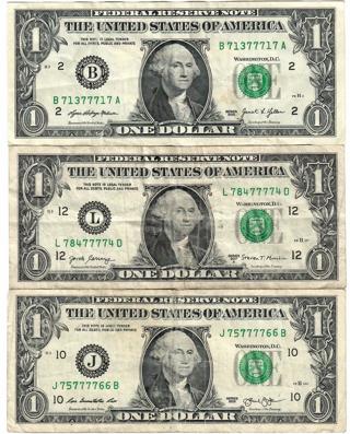  3 Fancy Trinary $1 Dollar Bills Lucky 7's (Five 7's on each bill!) NICE! P14 