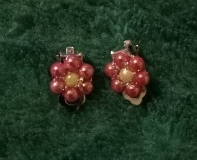 Red flower clip on earrings new