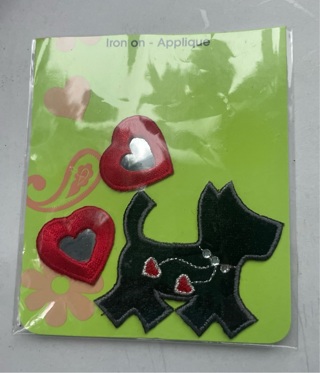 Iron-On Appliqués 3 Pieces Scottie Dogs W/bling Terrier, Red Mirrored Hearts