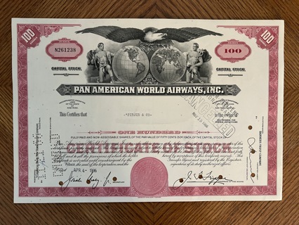 Pan American PanAm World Airways stock certificate 1967 famous airline that went bankrupt