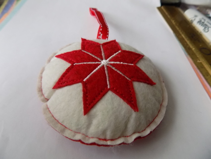 Handmade 3 1/2 inch round red, white felt ornament 8 pt star embrodery