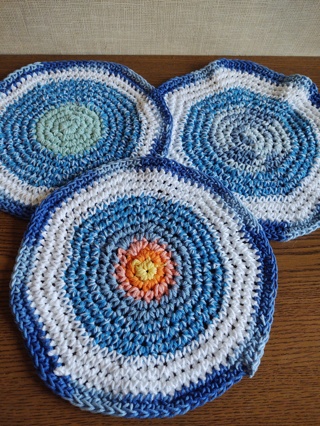 Lot of 3 Hand Crocheted Cotton Round Dishcloths 