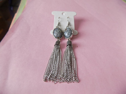 Earrings French Hook 4 inch dangle dressy Large gray moonstone, & chain tassel