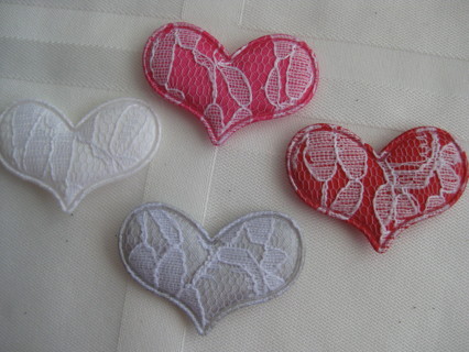 Sew on heart shape puffy lace/fabric patches, 6 pcs. (4 colors)