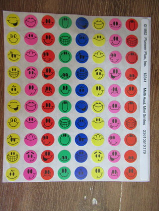 New sheet of ASSORTED COLORFUL SMILEY FACED character stickers.