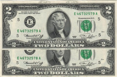 Two $2 Dollar Bills series 1976 in Sequence! AU Condition! P9