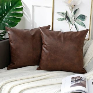 Set of 2 Faux Leather Decorative Throw Pillow Covers Modern Solid Outdoor Brown