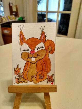 Bonds Original Watercolor Painting 2-1/2 X 3-1/2 ACEO Happy Fall Remember water for outside critters